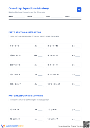 Grade 7 One-Step Equations — Printable No-Prep Worksheet
