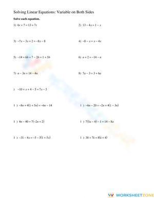 Linear Equations Worksheet: Variables on Both Sides Practice