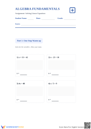 Printable Algebra Fundamentals: Solving Linear Equations