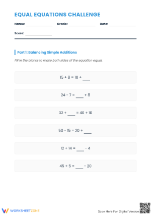Essential Equal Equations Challenge Worksheet | Grade 6-8
