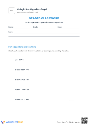 Essential Algebra Graded Classwork | 6.EE.B.7 Worksheet