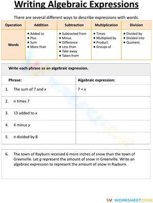 Working with Algebraic Expressions Worksheet