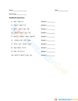 Adding and Subtracting Algebraic Expressions Worksheet