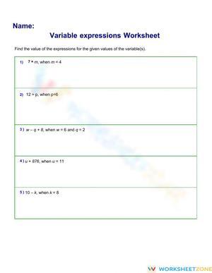 Evaluate Algebraic Expressions Worksheet