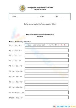 Expansion of Two Binomials Worksheet