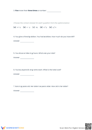 Essential Algebraic Expressions Worksheet | Grades 6-8