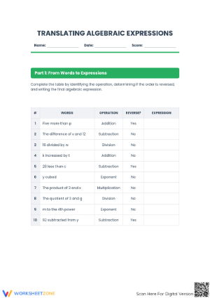 Printable Algebraic Expressions Translation Practice