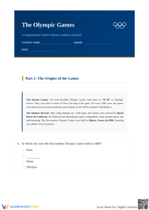 The Olympic Games History: Printable Grade 5-7 ELA Worksheet