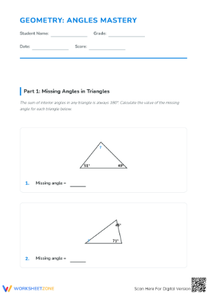 Printable Geometry: Calculating Missing Angles Worksheet