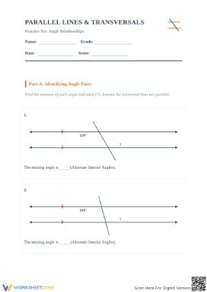 Essential Parallel Lines & Transversals Worksheet | Grade 8