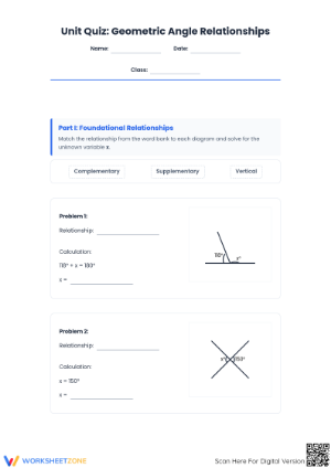 Complete Angle Relationships Quiz | Grade 8-10 Printable