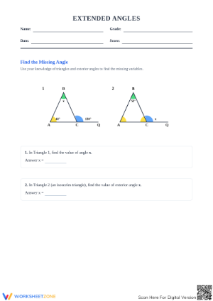 Triangles with Extended Angles Worksheet | Grade 7 Essential