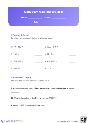 Printable Week 11 Monday Maths Review | Grade 5 Aligned
