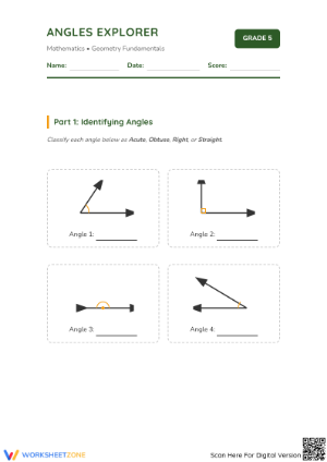 Printable Angles Explorer Worksheet: Grade 5 Geometry Pack
