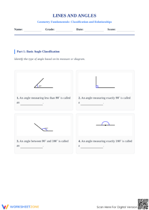 Lines and Angles Printable Worksheet | Grade 8 Math