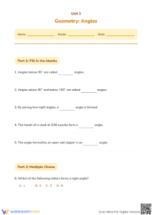 Grade 4 Geometry: Angles — Printable No-Prep Worksheet