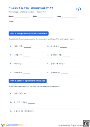 Essential Grade 7 Integers Worksheet | Mastery Test Aligned