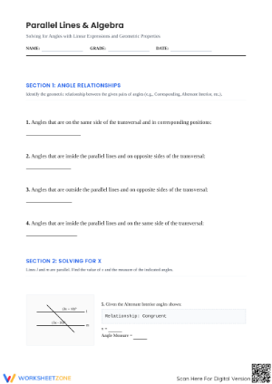 Essential Parallel Lines and Algebra Worksheet | Grade 9-12