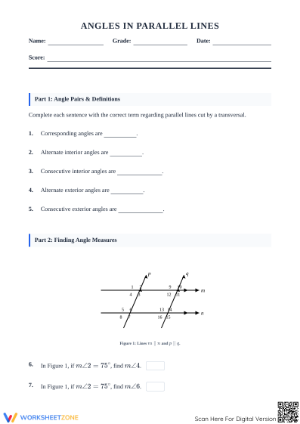 Angles in Parallel Lines Worksheet | Grade 8 Printable