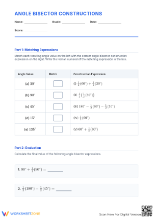 Angle Bisector Expressions Worksheet | Grade 7 Essential