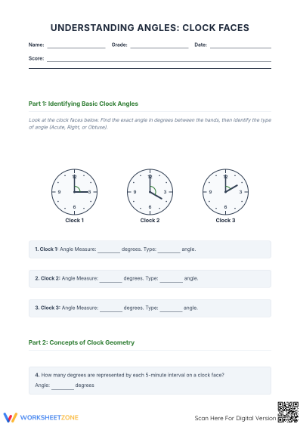 Essential Angles on a Clock Worksheet | Grade 9-12 Math