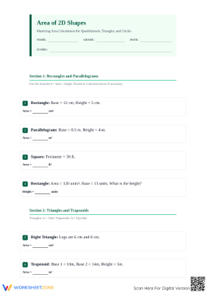 Grade 8-9 Area of 2D Shapes — Printable No-Prep Worksheet