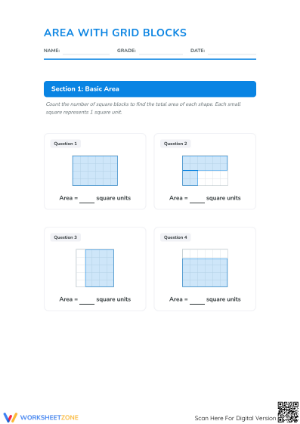 Printable Area with Grid Blocks Worksheet | Grades 3-4