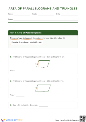 Grade 6 Area of Parallelograms and Triangles Printable