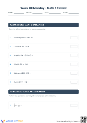 Essential Grade 6 Math Review: Week 20 Monday Worksheet