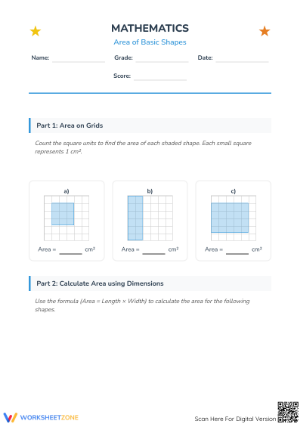 Essential Area of Basic Shapes Worksheet | Grade 4-6 Aligned