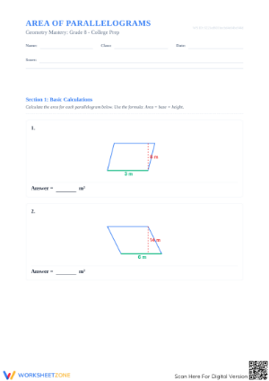 Grade 8+ Area of Parallelograms — Printable Worksheet