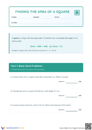 Essential Grade 4 Math: Area of a Square Worksheet
