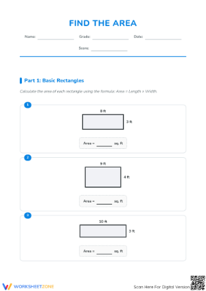 Grade 3 Find the Area — Printable No-Prep Math Worksheet