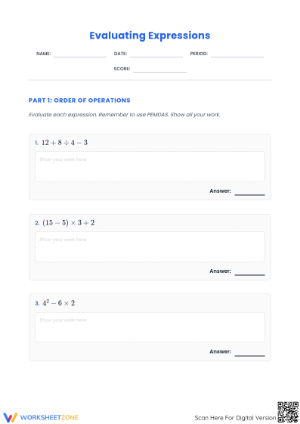 Evaluating Expressions Worksheet | Grade 6 Essential