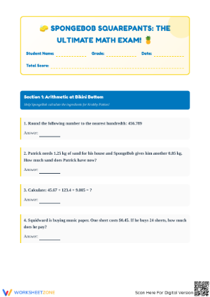 Printable Spongebob Math Exam | Essential Grade 6 Review