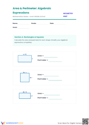 Printable Area & Perimeter with Algebra Worksheet