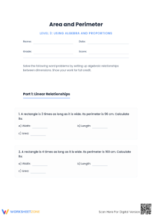 Essential Area and Perimeter Algebra Worksheet | Grade 7