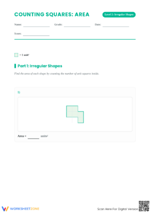 Printable Area Worksheet: Count Squares in Irregular Shapes