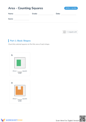 Essential Area Counting Squares Worksheet | Grade 3 Math
