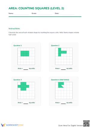 Printable Area Counting Squares Worksheet | Grade 3 Math