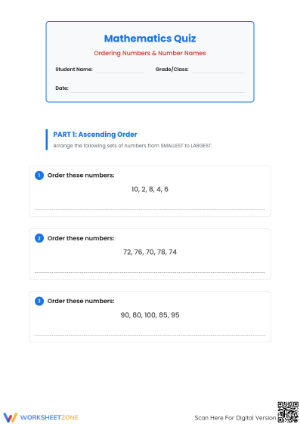Grade 2 Ordering Numbers — Printable No-Prep Worksheet
