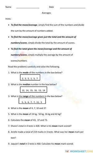 Mathematics Worksheet on Averages