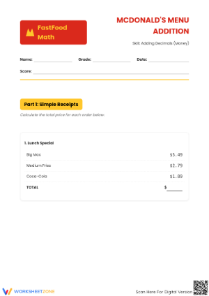 Grade 5 Calculating Food Costs — Printable No-Prep Worksheet