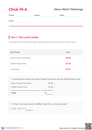 Grade 5 Menu Math — Printable No-Prep Worksheet