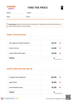 Grade 5 Menu Math — Printable No-Prep Worksheet