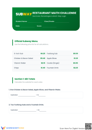 Grade 6 Money Math — Printable No-Prep Worksheet