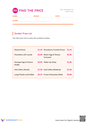 Grade 5 Menu Math — Printable No-Prep Worksheet