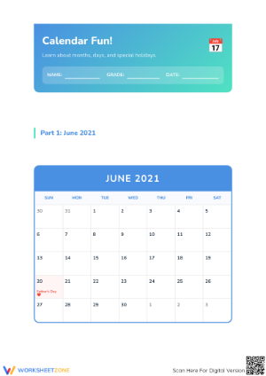 Printable Calendar Skills Worksheet | Grade 1 Math