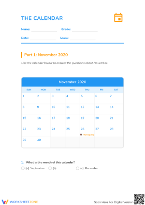 Grade 1 Reading a Calendar — Printable No-Prep Worksheet