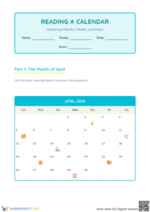 Reading a Calendar Worksheet | Grade 1 Math | Printable